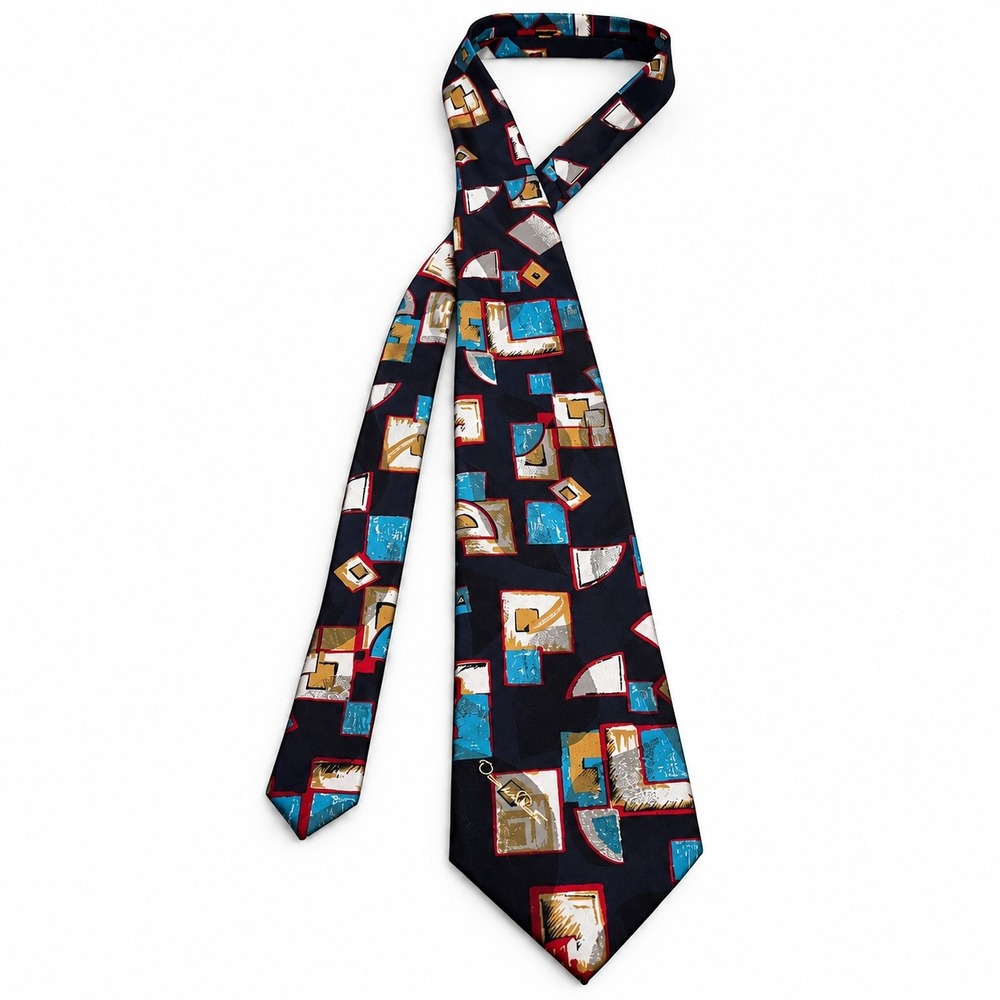 Vintage 90s Oscar de la Renta Studio Navy Geometric Abstract Silk Blend Tie